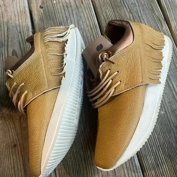 Esse Ut Esse Shoe Mustard & Brown Leather Fringe Sneaker Slip On Shoes 37/ 6.5-7 - Picture 1 of 11